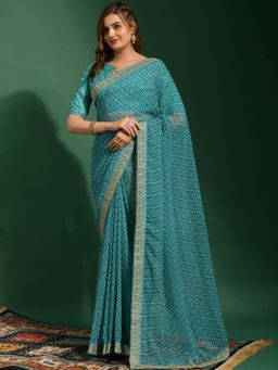Akhilam - Womens Georgette Turquoise Zari Embroidered Designer Saree With Unstitched Blouse Piece