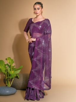 Akhilam - Womens Georgette Purple Embellished Designer Saree With Unstitched Blouse Piece