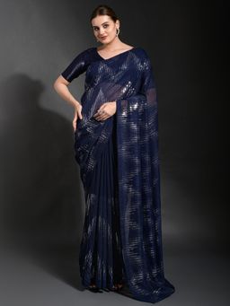 Akhilam - Womens Georgette Navy Blue Embellished Designer Saree With Unstitched Blouse Piece