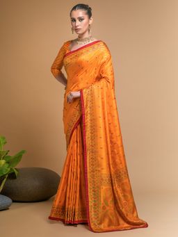 Akhilam - Womens Soft Silk Mustard Printed Designer Saree With Unstitched Blouse Piece