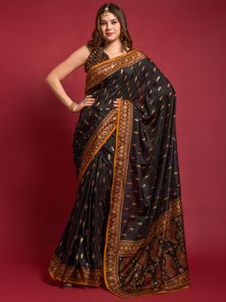 Akhilam - Womens Soft Silk Black Printed Designer Saree With Unstitched Blouse Piece