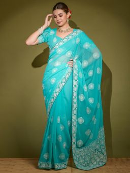 Akhilam - Womens Georgette Blue Embellished Designer Saree With Unstitched Blouse Piece