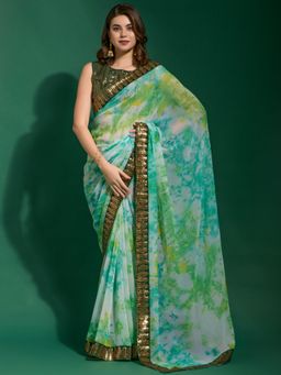 Akhilam - Womens Chiffon Turquoise Embellished Designer Saree With Unstitched Blouse Piece