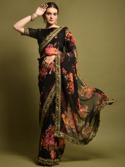 Akhilam - Womens Georgette Black Embellished Designer Saree With Unstitched Blouse Piece