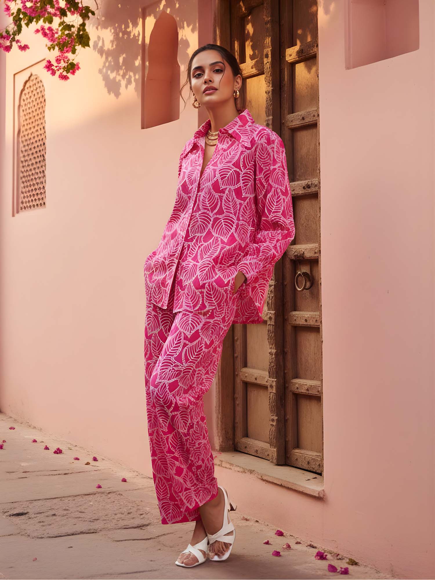 lounge dreams Schiffli Cotton Embroidered Leaf Women Co-Ord Pink (Set of 2)-picture-13