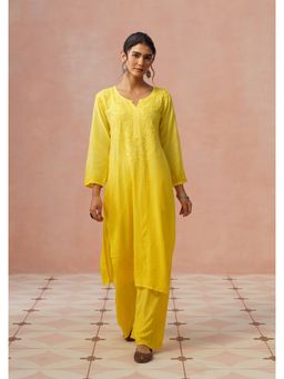 House of Chikankari - Women Rayon Chikankari Yellow Kurta with Pant