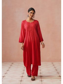 House of Chikankari - Women Rayon Chikankari Red Kurta with Pant