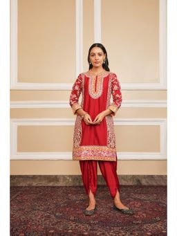 Sheetal Batra - Red Embroidered Kurta with Dhoti and Light Dupatta