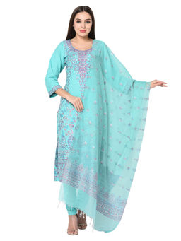 Safaa - Cotton Kani Woven Turquoise Dress Material