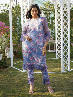 MONK & MEI - Peony Blue Kurta Pants Slip and Dupatta (Set of 4)