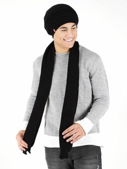 Bharatasya - Set of Solid Knitted Winter Cap and Muffler Black