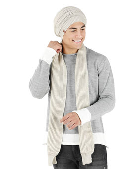 Bharatasya - Set of Solid Knitted Winter Cap and Muffler White