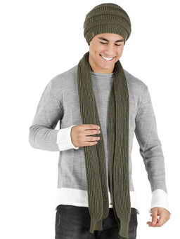 Bharatasya - Set of Solid Knitted Winter Cap and Muffler Green