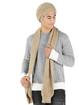 Bharatasya - Set of Solid Knitted Winter Cap and Muffler Beige
