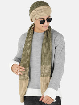 Bharatasya - Set of Knitted Winter Cap and Muffler Green Beige