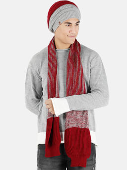 Bharatasya - Set of Knitted Winter Cap and Muffler Maroon Grey