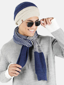 Bharatasya - Set of Knitted Winter Cap and Muffler Blue White