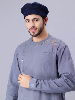 Bharatasya - Mens Knitted Afghani Beret Cap Blue
