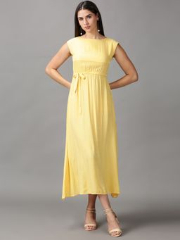 SHOWOFF - Womens Boat Neck Maxi Yellow Solid Dress (Set of 2)