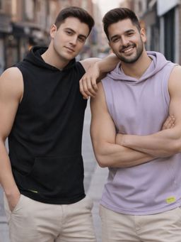 RIGO - Men Multicolor Sleeveless Hooded Cotton Plain Vest (Pack of 2)