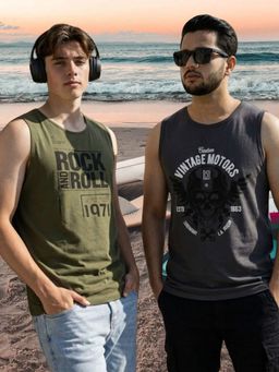 RIGO - Men Graphic Printed Cotton Sleeveless Multicolor Vest (Pack of 2)