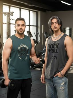 RIGO - Men Graphic Printed Cotton Sleeveless Multicolor Vest (Pack of 2)