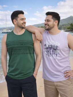 RIGO - Men Graphic Printed Cotton Sleeveless Multicolor Vest (Pack of 2)