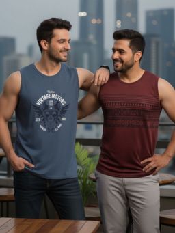 RIGO - Men Graphic Printed Cotton Sleeveless Multicolor Sando Vest (Pack of 2)
