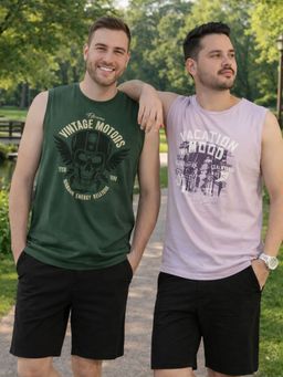 RIGO - Men Graphic Printed Cotton Sleeveless Multicolor Vest (Pack of 2)