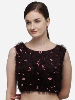 Amrutam Fab - Womens Sequences Burgundy Silk Stiched Blouse With Boat Neck