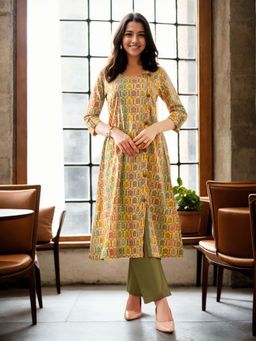 Gahan - Cotton Ethnic Floral Motifs Printed with Button Detailed Olive Kurta & Pant (Set of 2)