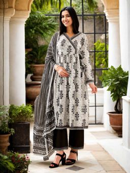 Gahan - Cotton Gathered Floral White Angarkha with Pant & Dupatta (Set of 3)