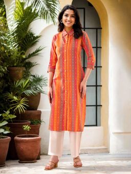 Gahan - Cotton Blend Stripes Printed Orange Kurta & Pant (Set of 2)