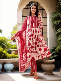 Gahan - Cotton Gathered Floral with Lace Work Pink Kurta with Pant & Dupatta (Set of 3)