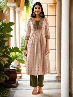 Gahan - Cotton Neckline Embroidered with Stripes Printed Beige Kurta & Pant (Set of 2)
