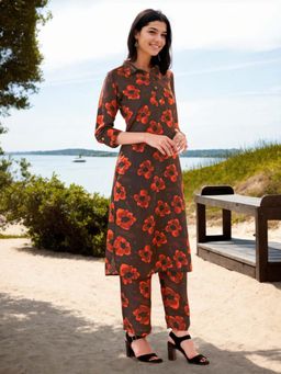 Gahan - Blended Cotton Floral Printed Brown Kurta & Pant (Set of 2)