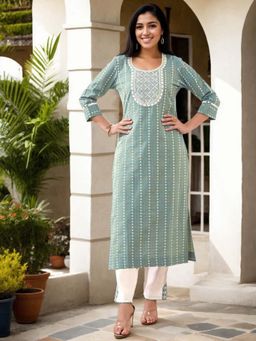 Gahan - Cotton Yoke Floral Embroidered Sequinned Green Kurta & Pant (Set of 2)