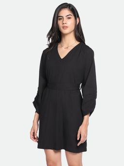 DL WOMAN - Black V-neck Cuffed Sleeves A-Line Mini Dress with Belt