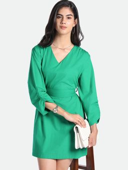 DL WOMAN - Green V-neck Cuffed Sleeves A-Line Mini Dress with Belt