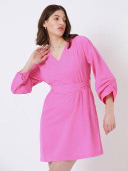 DL WOMAN - Pink V-neck Cuffed Sleeves A-Line Mini Dress with Belt