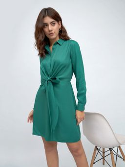 DL WOMAN - Green Tie Ups Cotton Shirt Style Mini Dress