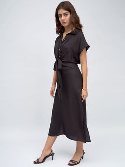 DL WOMAN - Black Shirt Collar Tie Ups Shirt Midi Dress