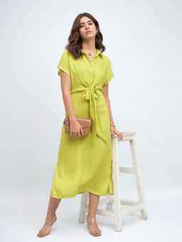 DL WOMAN - Green Shirt Collar Tie Ups Shirt Midi Dress