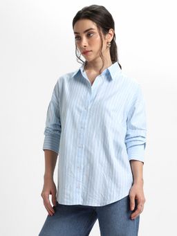 DL WOMAN - Light Blue Oversized Vertical Stripes Pure Cotton Oxford Casual Shirt