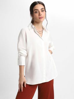 DL WOMAN - Off White Oversized Spread Collar Solid Casual Shirt