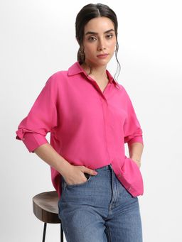 DL WOMAN - Pink Oversized Spread Collar Solid Casual Shirt