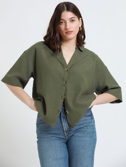 DL WOMAN - Olive Half Sleeves Oversized Casual Shirt
