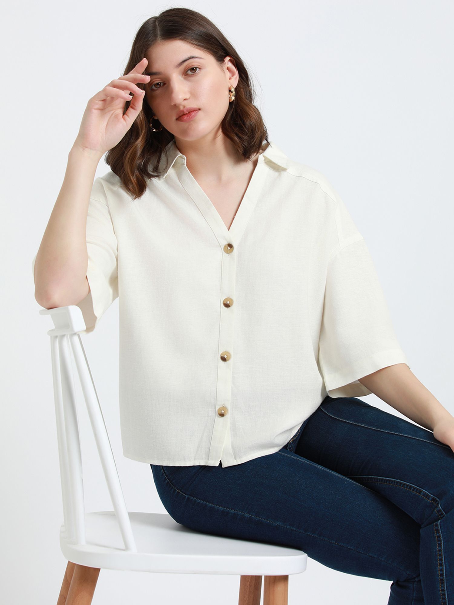 dl woman Off-White Half Sleeves Oversized Casual Shirt-picture-29