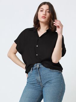 DL WOMAN - Black Oversized Spread Collar Solid Casual Shirt