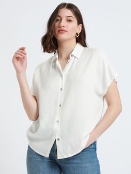 DL WOMAN - Off White Oversized Spread Collar Solid Casual Shirt